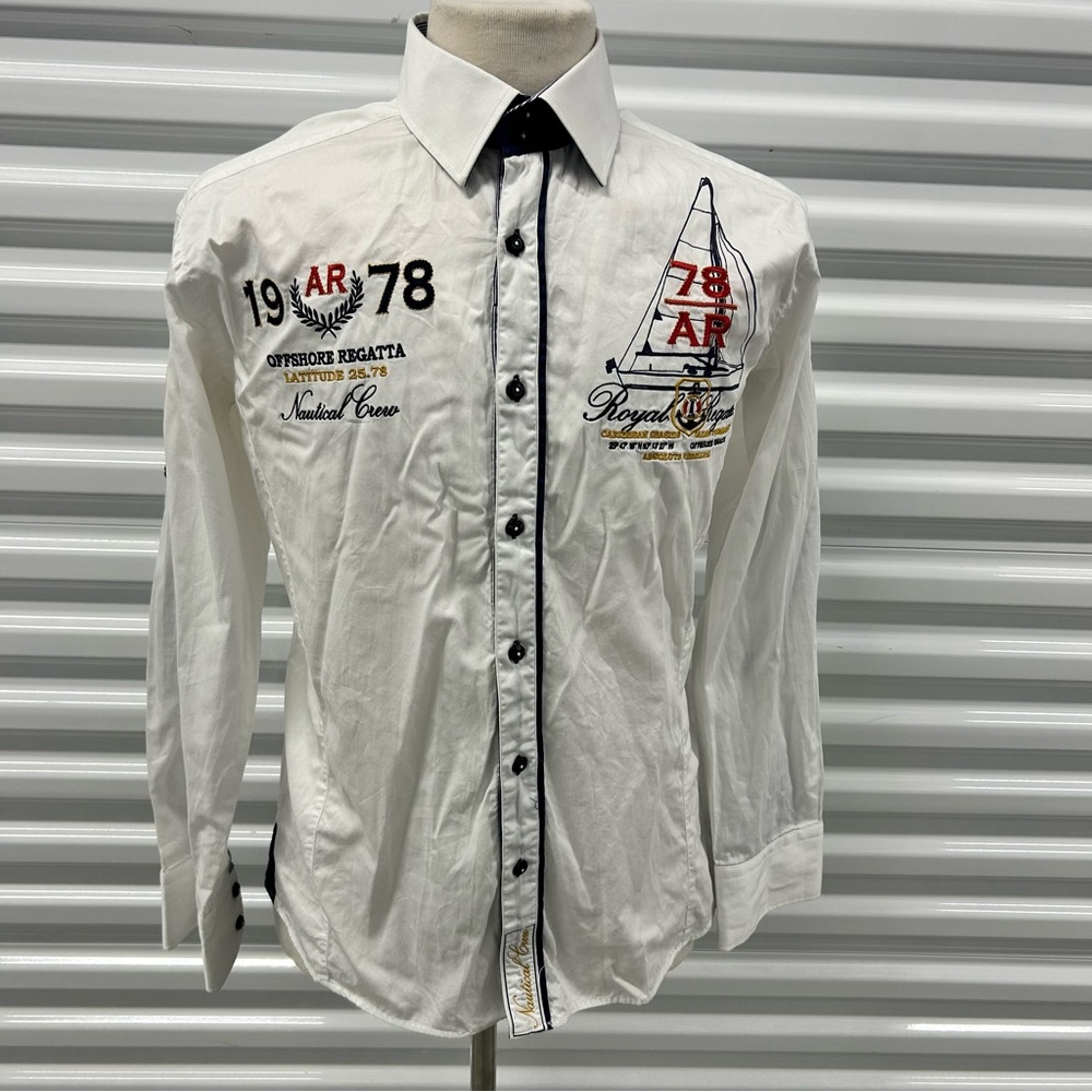 White Men's Nautical Boat Competition Sailing Button Down Shirt